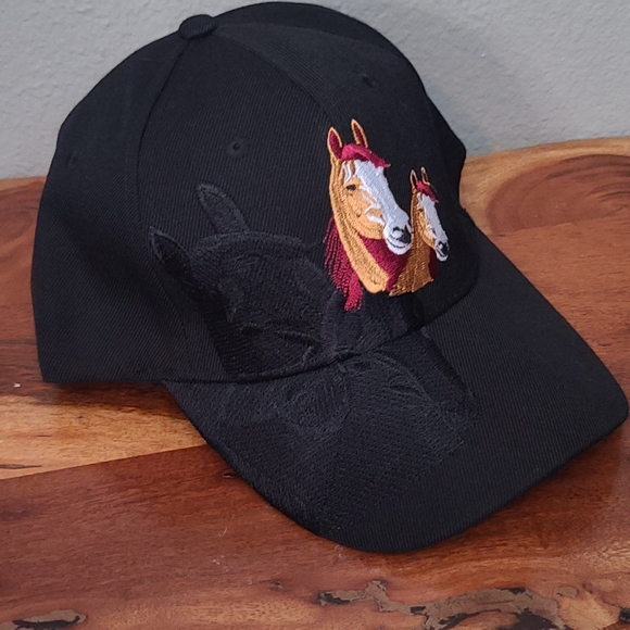 Black Embroidered Horse Hat One Size Velcro Back - Picture 2 of 4